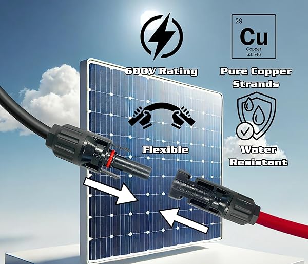 WindyNation 8 AWG 8 Gauge 10 Feet Red Black PV Photovoltaic Solar Panel Extension Cable Wire Solar PV Connector - View 5 of 7
