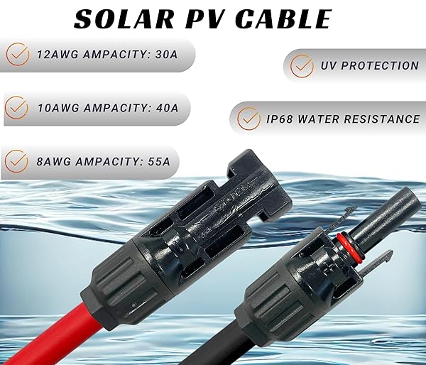 WindyNation 8 AWG 8 Gauge 10 Feet Red Black PV Photovoltaic Solar Panel Extension Cable Wire Solar PV Connector - View 6 of 7