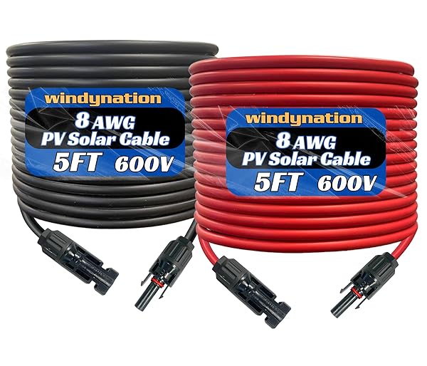 WindyNation 8 AWG 8 Gauge 10 Feet Red Black PV Photovoltaic Solar Panel Extension Cable Wire Solar PV Connector - View 2 of 7