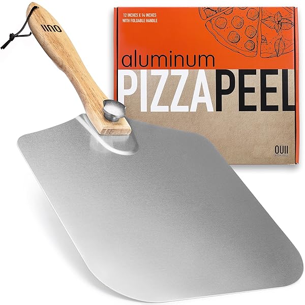 OUII OUII 12x14 Inch Aluminum Pizza Peel with Foldable Wood Handle - Essential Pizza Oven Tool & Spatula for Baking Bread, Pastry & Dough