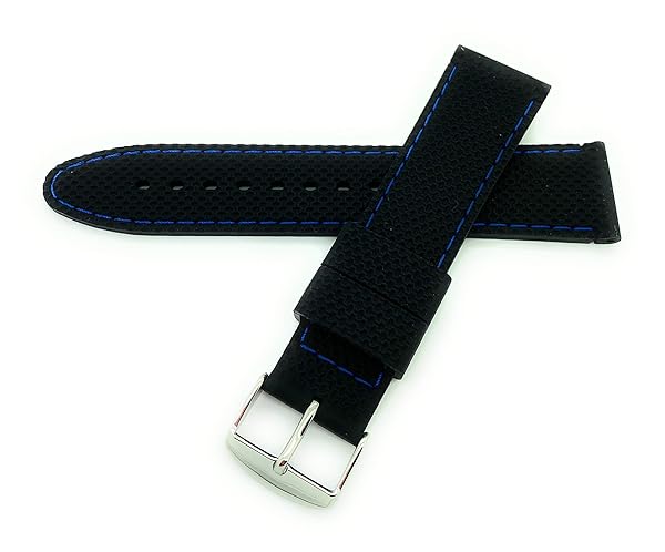 Rubber Watch Bands 22mm Black Rubber Silicone Watch Band with Contrast Stitching in Black and Blue for Stylish Timepiece Upgrade - View 3 of 4