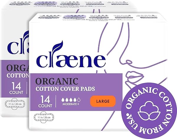 CLAENE Claene Organic Cotton Cover Pads Large Unscented Breathable Menstrual Pads for Women with Wings 2Pack Total 28 - View 2 of 10