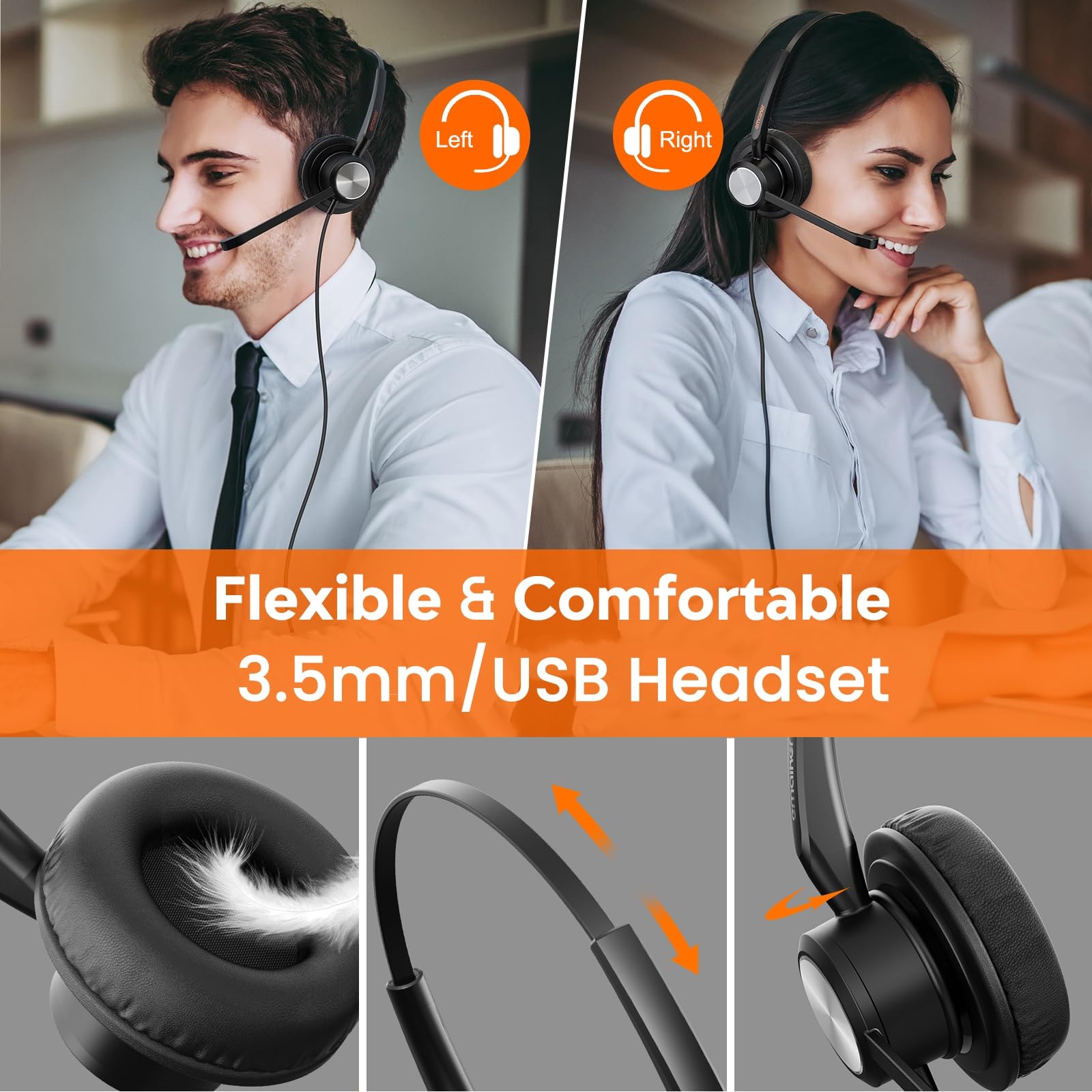 USB Headset with Noise Cancelling Microphone for PC and Laptop Lightweight Compatible with Zoom Teams and Online Meetings - View 3 of 7