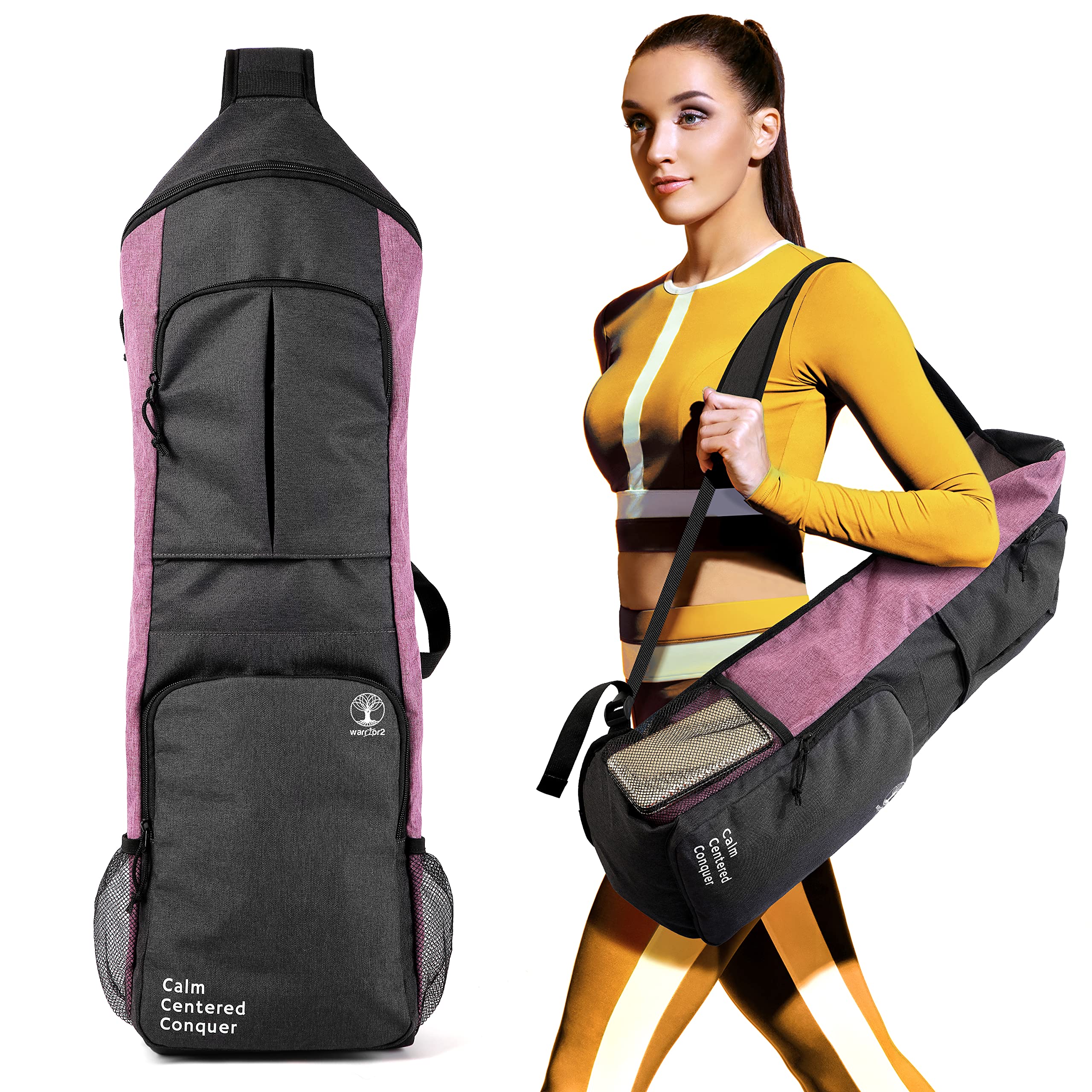 WARRIOR2 WARRIOR2 Yoga Mat Bag Carrier with Large Pockets and Water Bottle Holders for Hands-Free Use Fits 0.5 Inch Thick Mats Ideal for Yoga Gym Cycling