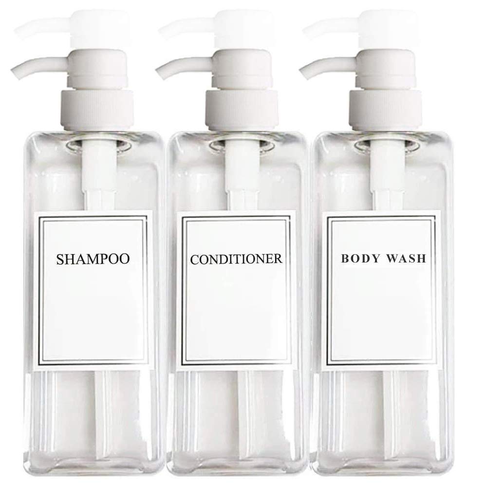 Empty Plastic Pump Bottles Square Shampoo Conditioner Soap Lotion Refillable BPA Free Set of 3 Clear for Body Wash Moisturizer Face Cream