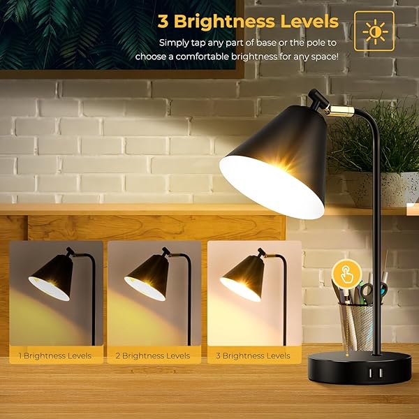 Brightever Industrial Dimmable Desk Lamp with USB Ports and AC Outlet Touch Control Flexible Head for Bedroom Office Living Room Bulb Included - View 4 of 8