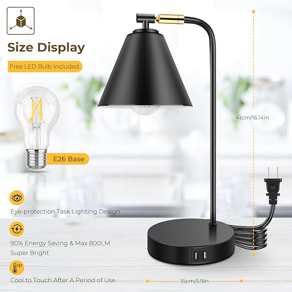 Brightever Industrial Dimmable Desk Lamp with USB Ports and AC Outlet Touch Control Flexible Head for Bedroom Office Living Room Bulb Included - View 6 of 8