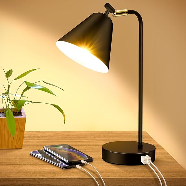 Brightever Industrial Dimmable Desk Lamp with USB Ports and AC Outlet Touch Control Flexible Head for Bedroom Office Living Room Bulb Included