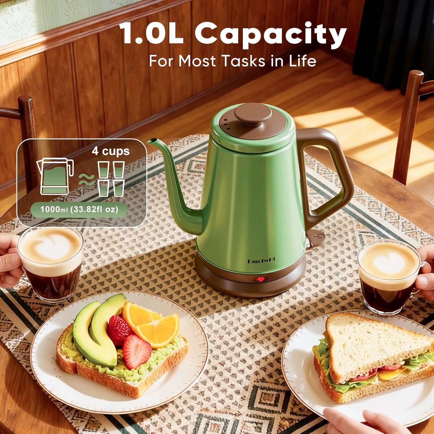 DmofwHi DmofwHi Gooseneck Electric Kettle 1.0L - BPA Free Stainless Steel Tea & Coffee Kettle in Green - View 6 of 8