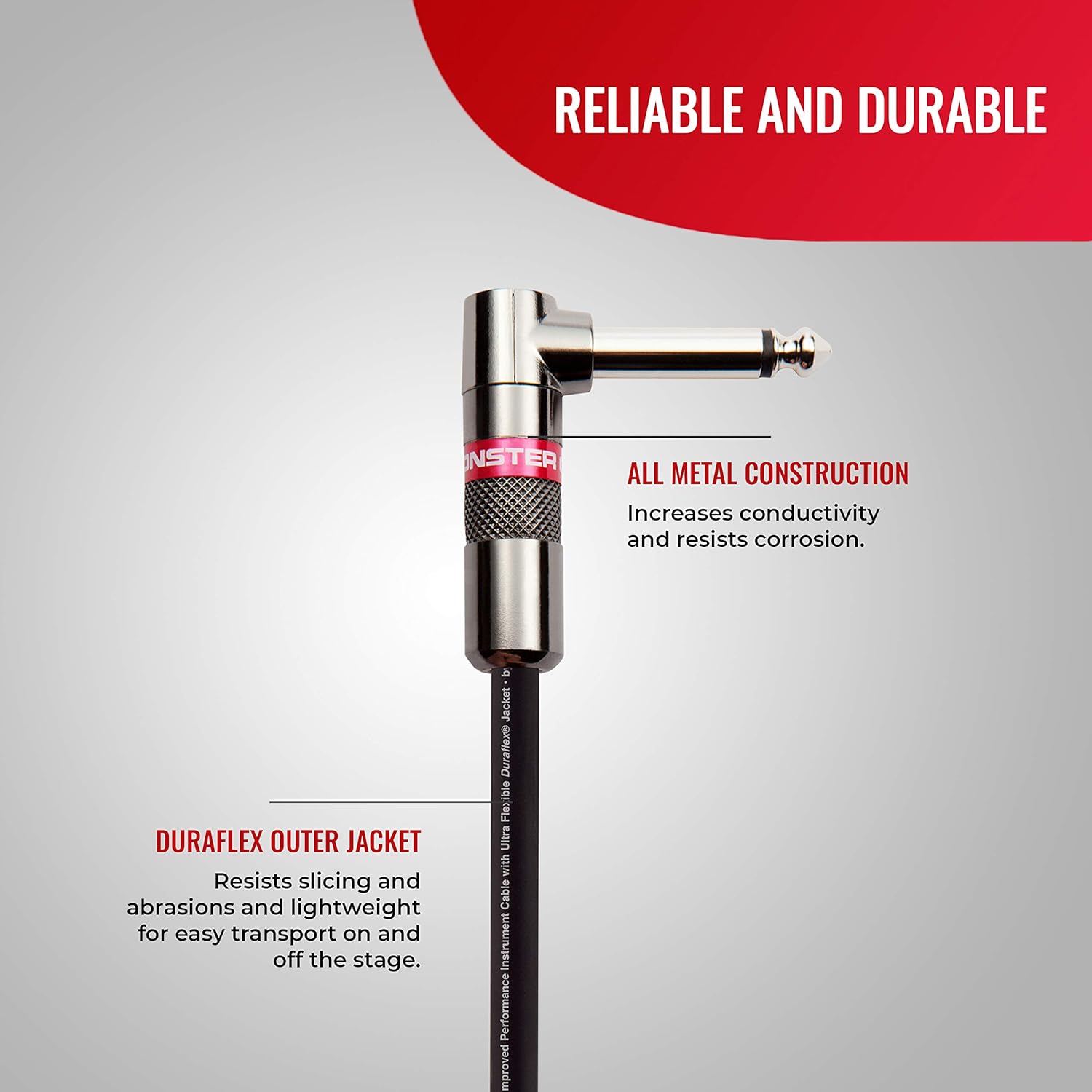 Monster Monster Prolink Classic Guitar Cable 8 in Right Angle All Metal Duraflex Jacket 90 Copper Braided Shield for Superior Sound Quality - View 2 of 8