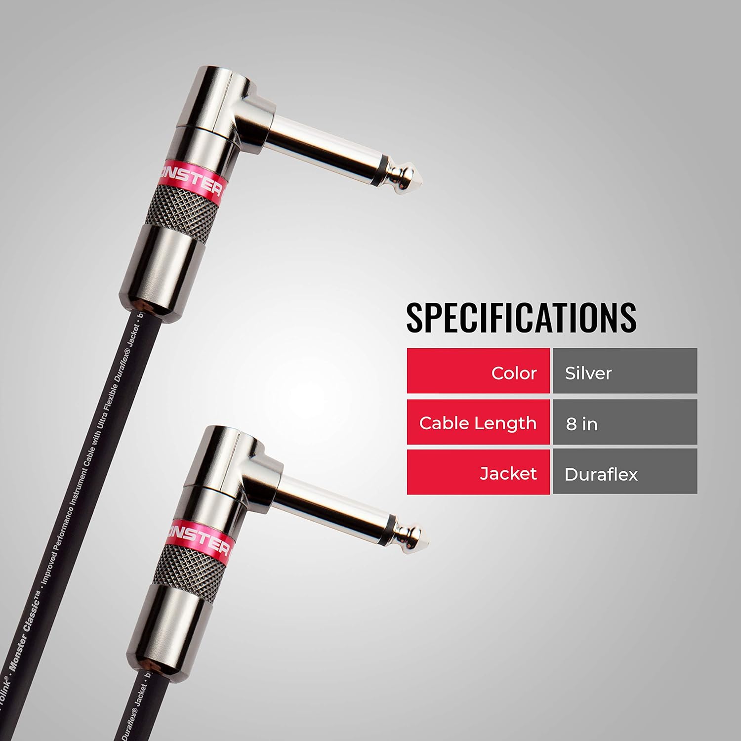 Monster Monster Prolink Classic Guitar Cable 8 in Right Angle All Metal Duraflex Jacket 90 Copper Braided Shield for Superior Sound Quality - View 6 of 8