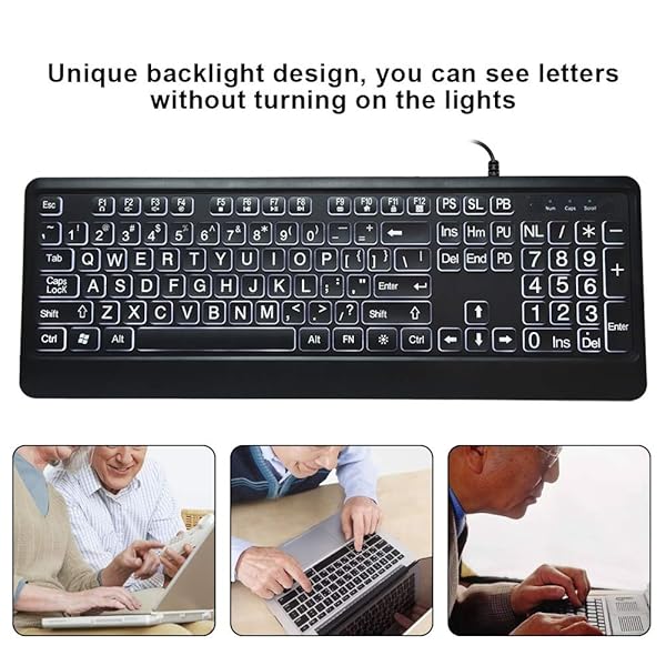 Hilitand Hilitand Large Font USB Keyboard White LED Backlit 104 Keys Full Size Ideal for Seniors - View 4 of 8