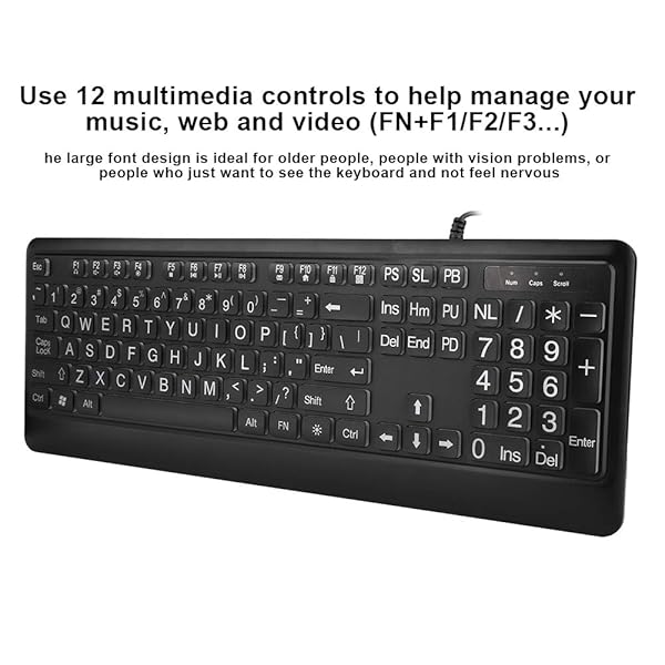 Hilitand Hilitand Large Font USB Keyboard White LED Backlit 104 Keys Full Size Ideal for Seniors - View 5 of 8