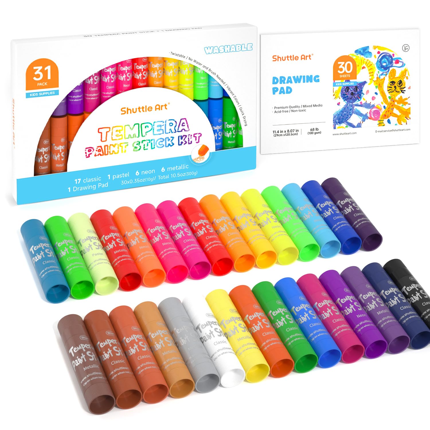 Tempera Paint Sticks 30 Colors Solid Non-Toxic Quick Drying for Kids with Drawing Pad Ideal for Paper Wood Glass Ceramic Canvas