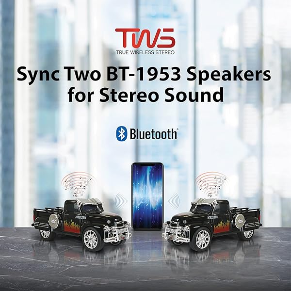 QFX QFX Bluetooth 1953 Hot Rod Pickup Truck Speaker: 3-Inch, FM Radio, LED Lights & Hands-Free Mic - BT-1953 BL - View 7 of 10