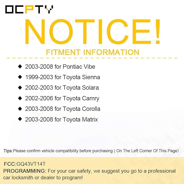 OCPTY OCPTY Replacement Key Fob 2Pcs for Toyota Camry Corolla Matrix Sienna Pontiac Vibe Solara 1999-2008 GQ43VT14T - View 4 of 10