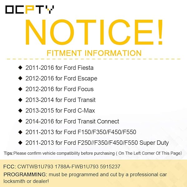 OCPTY OCPTY Replacement Remote Head Key for Ford Escape Focus Transit Fiesta 2011-2016 CWTWB1U793 1788A-FWB1U793 5915237 - View 2 of 7
