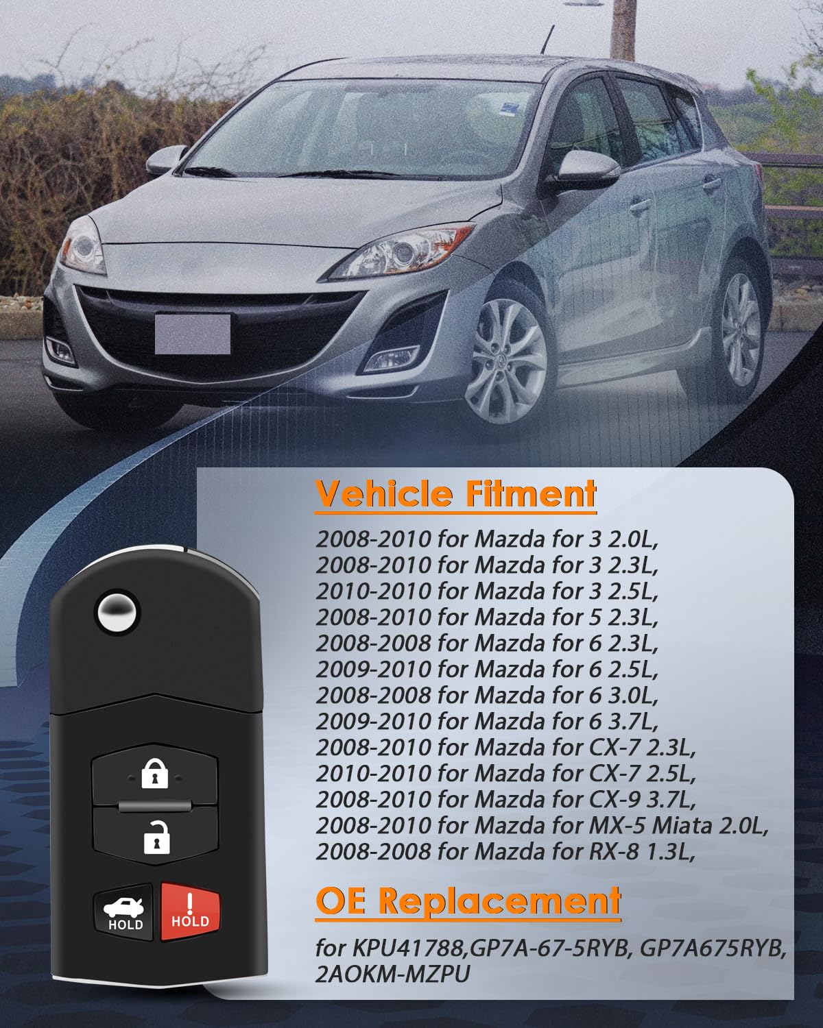 OCPTY Flip Key Entry Remote Control Key Fob Replacement for Mazda 3 6 MX-5 CX-7 CX-9 RX-8 Mazda 2 5 KPU41788 4238A-41525 4 Buttons 315Mhz - View 2 of 8