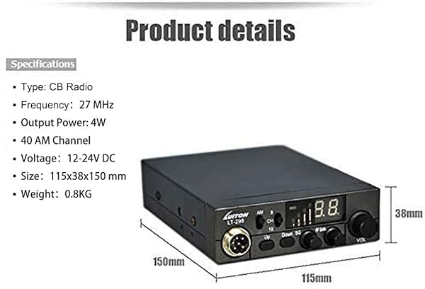 LUITON LUITON LT-298 40-Channel CB Radio: Compact Design, LED Display & External Speaker Jack for 12-24V Vehicles - View 2 of 9