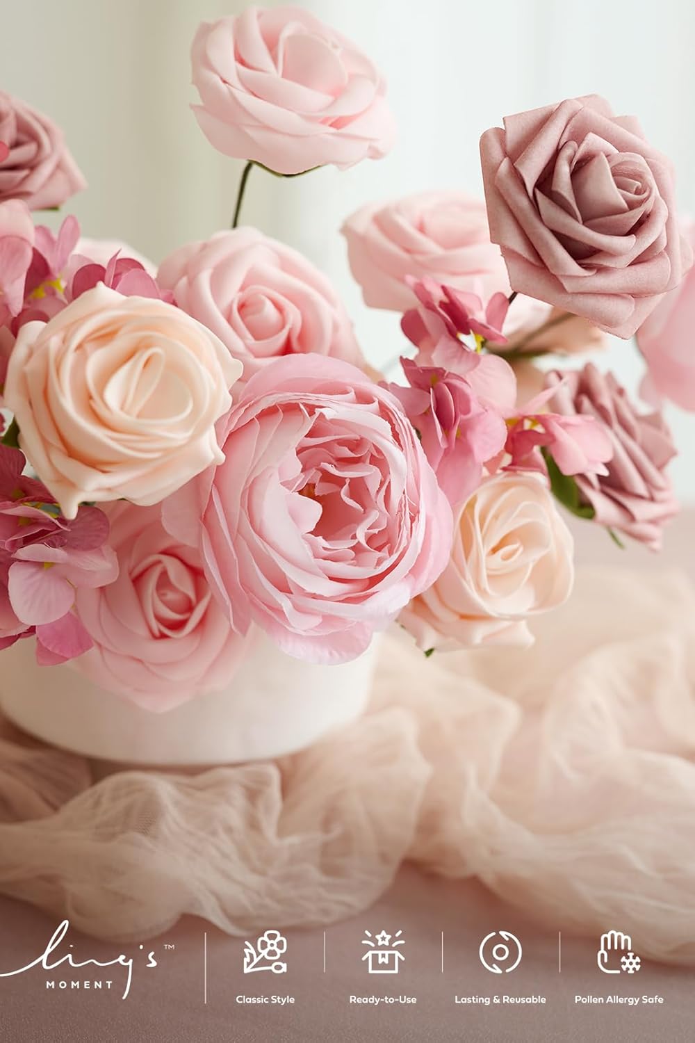 Ling's moment Ling's Moment Pink Blush Artificial Flowers Silk Hydrangea Foam Roses Gardenia Combo for DIY Wedding Bouquets Centerpieces 24pcs - View 3 of 9