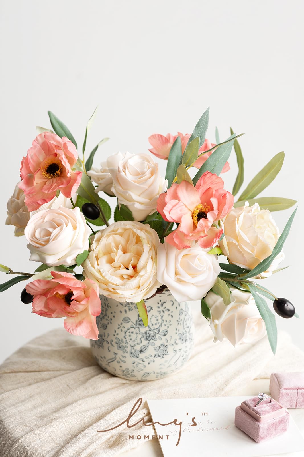 Ling's moment Ling's Moment Artificial Flowers Silk Poppy Peony Foam Roses Combo for DIY Wedding Bouquets Centerpieces Coral Cream 24pcs - View 2 of 3