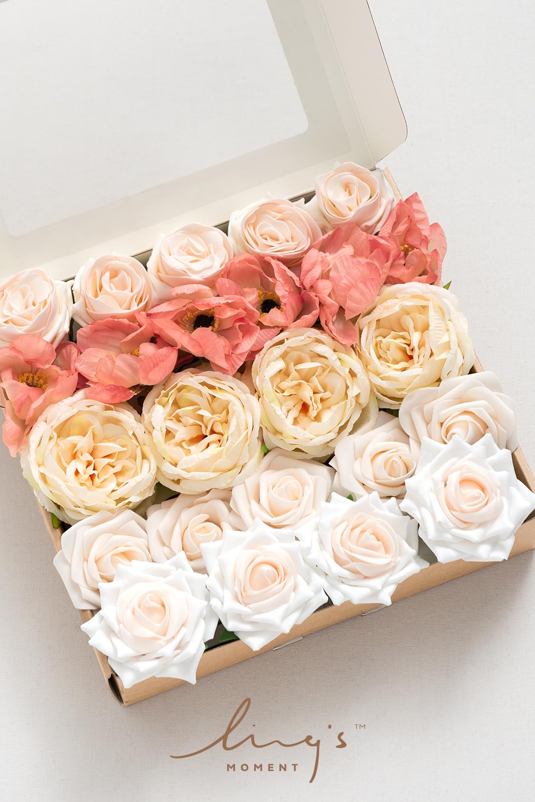 Ling's moment Ling's Moment Artificial Flowers Silk Poppy Peony Foam Roses Combo for DIY Wedding Bouquets Centerpieces Coral Cream 24pcs - View 3 of 3