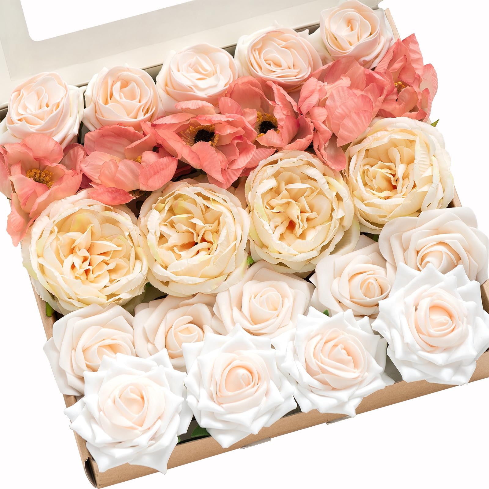 Ling's Moment Artificial Flowers Silk Poppy Peony Foam Roses Combo for DIY Wedding Bouquets Centerpieces Coral Cream 24pcs