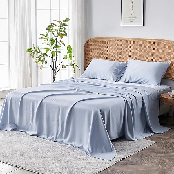 Sijo AiryWeight Tencel Sheet Set Buttery Soft Cooling Sheets 100% Lyocell Eucalyptus 4pc Queen Sky Color