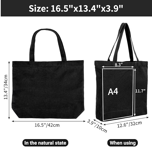 Segarty Segarty Black Canvas Tote 6 Pack Heavy Duty Reusable Grocery Bags 16x15 inch Zippered Plain Bags for Women Crafts and Gifts - View 3 of 7