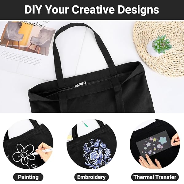 Segarty Segarty Black Canvas Tote 6 Pack Heavy Duty Reusable Grocery Bags 16x15 inch Zippered Plain Bags for Women Crafts and Gifts - View 6 of 7