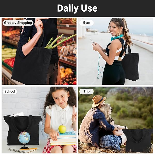 Segarty Segarty Black Canvas Tote 6 Pack Heavy Duty Reusable Grocery Bags 16x15 inch Zippered Plain Bags for Women Crafts and Gifts - View 7 of 7