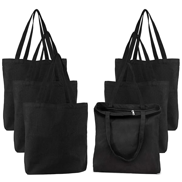 Segarty Segarty Black Canvas Tote 6 Pack Heavy Duty Reusable Grocery Bags 16x15 inch Zippered Plain Bags for Women Crafts and Gifts - View 2 of 7