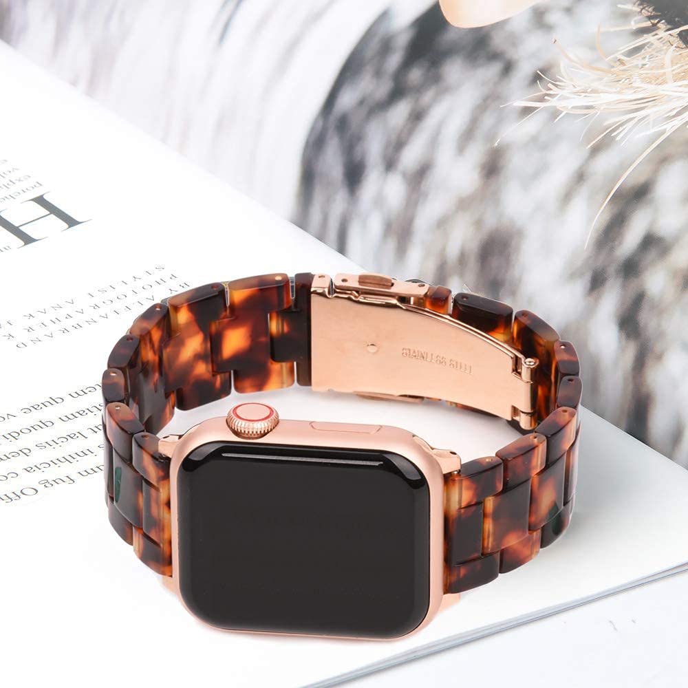 iLVANYA ComoMoi Fashion Resin Watchband for 38mm 40mm Apple Watch with Metal Buckle Strap Bracelet in Rose Gold and Tortoise for Series 1 to 5 - View 3 of 7
