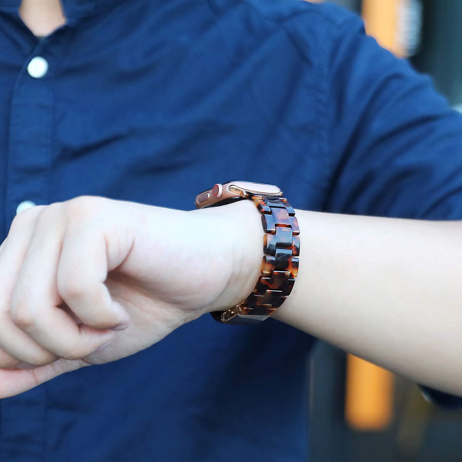 iLVANYA ComoMoi Fashion Resin Watchband for 38mm 40mm Apple Watch with Metal Buckle Strap Bracelet in Rose Gold and Tortoise for Series 1 to 5 - View 5 of 7