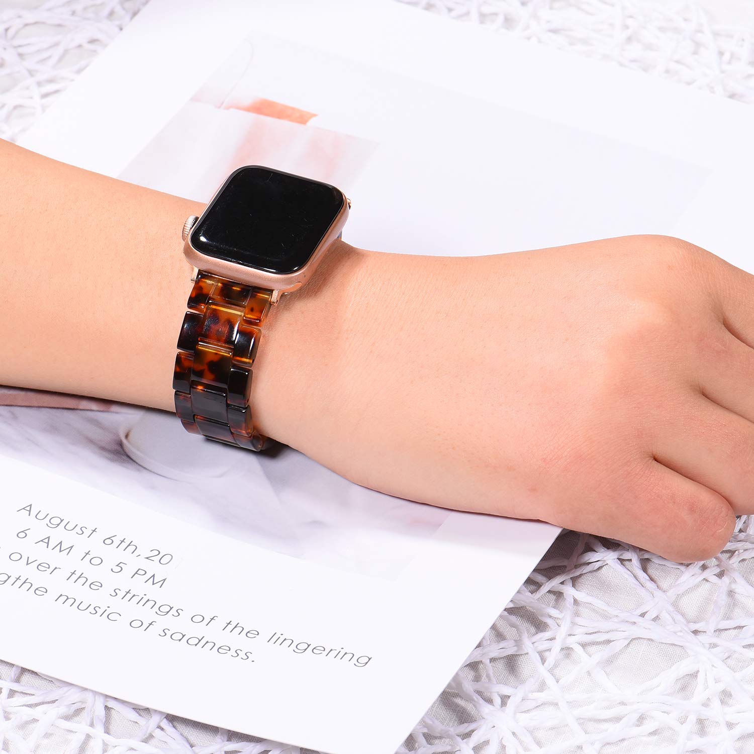 iLVANYA ComoMoi Fashion Resin Watchband for 38mm 40mm Apple Watch with Metal Buckle Strap Bracelet in Rose Gold and Tortoise for Series 1 to 5 - View 6 of 7