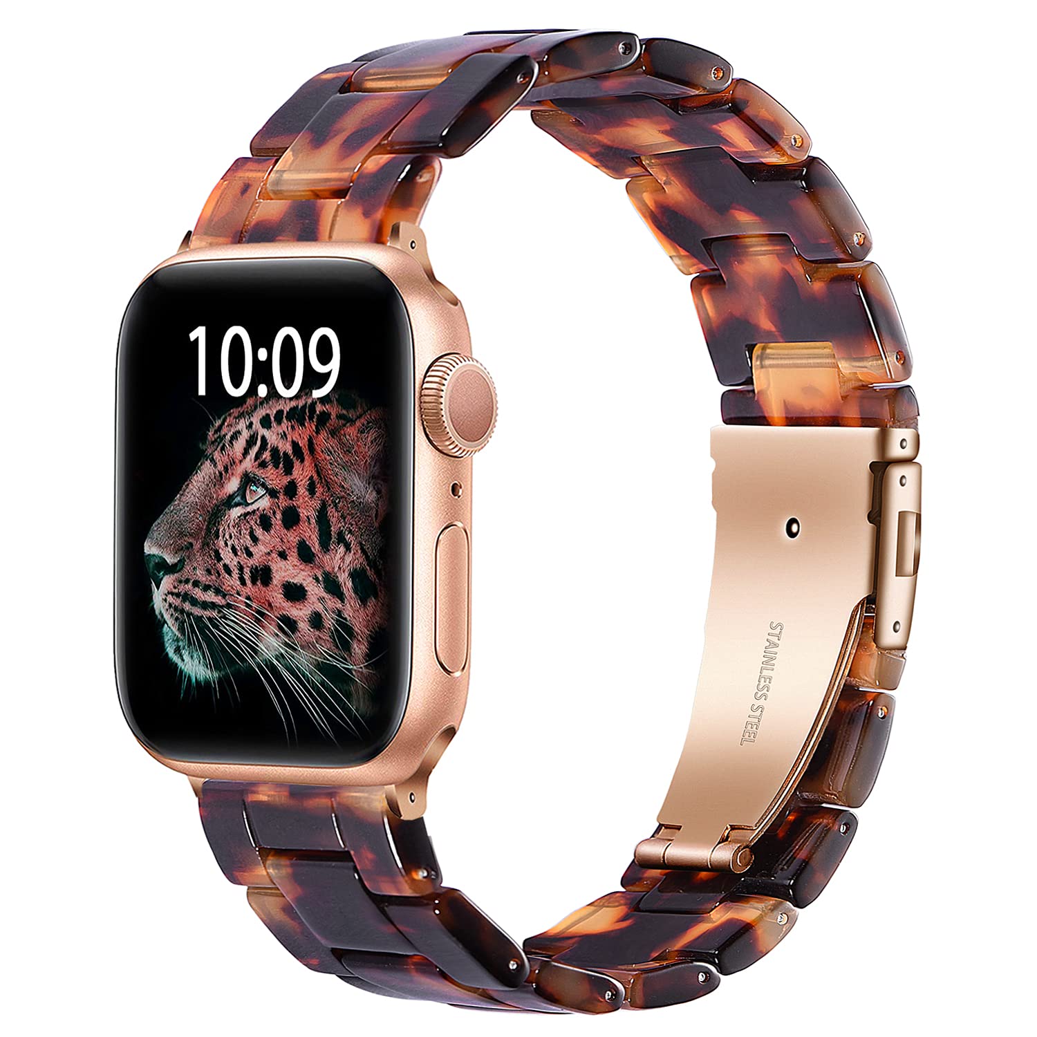iLVANYA ComoMoi Fashion Resin Watchband for 38mm 40mm Apple Watch with Metal Buckle Strap Bracelet in Rose Gold and Tortoise for Series 1 to 5
