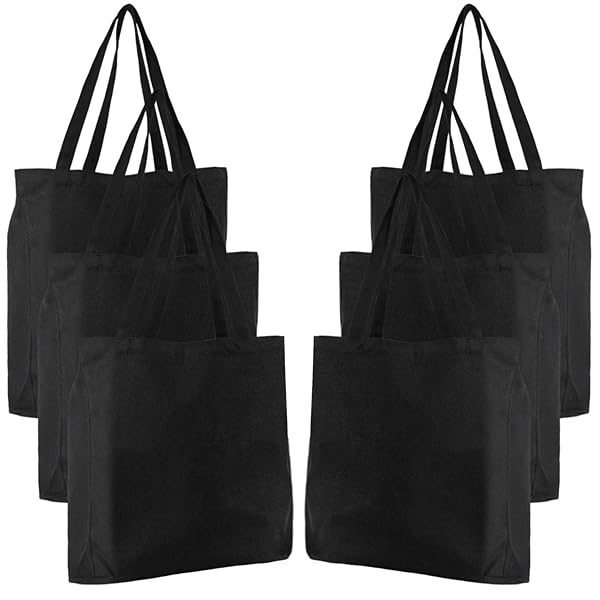 Segarty Canvas Tote Bag 6 Pack Reusable Grocery Shopping Bags for Women Black Natural Cotton Large Tote for Beach Travel DIY Crafts