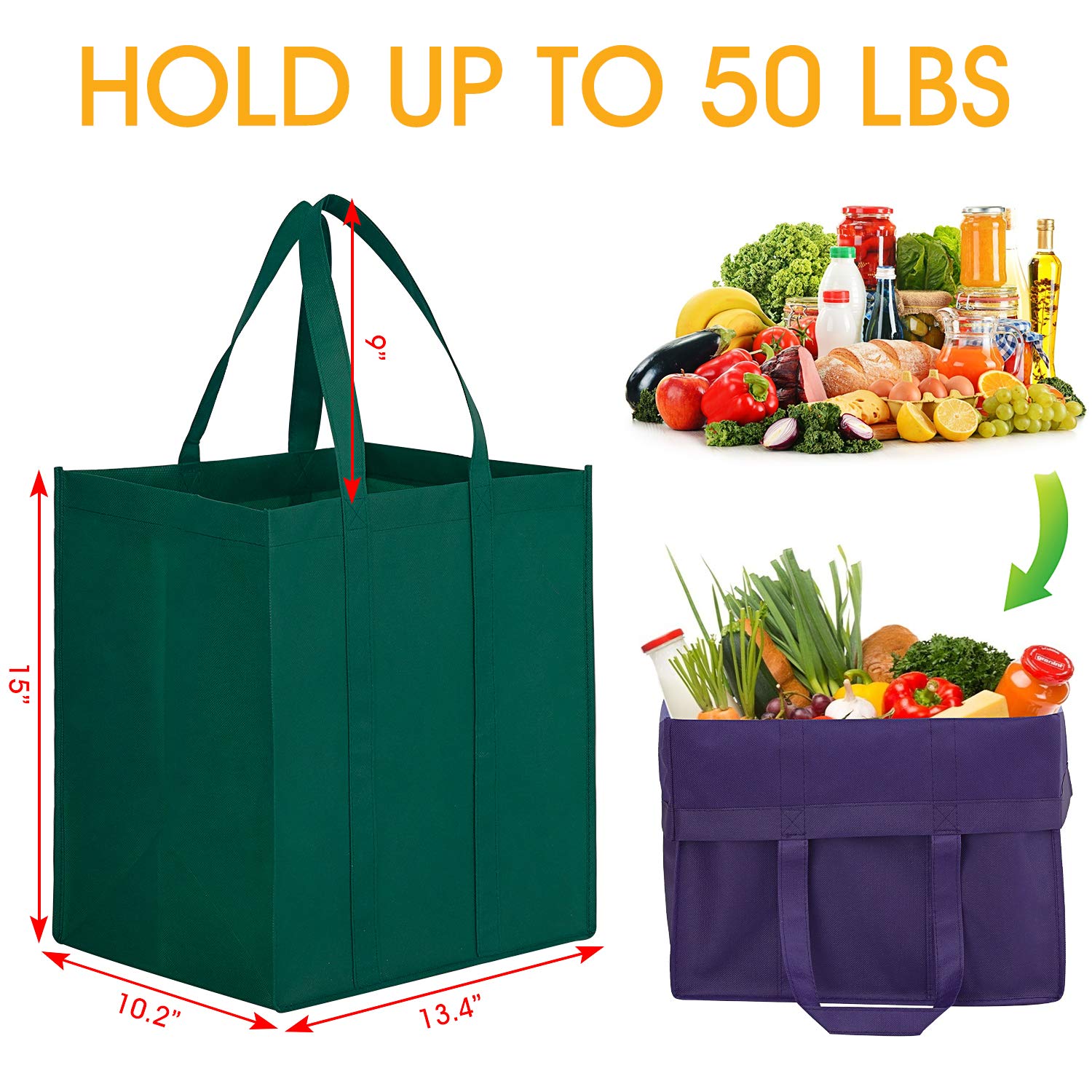 WISELIFE WISELIFE Reusable Grocery Bags 12 Pack Large Foldable Eco-Friendly Tote Bags with Long Handle for Shopping and Groceries in 6 Colors - View 2 of 7