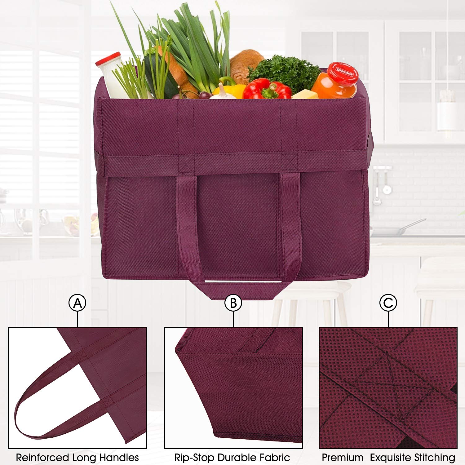 WISELIFE WISELIFE Reusable Grocery Bags 12 Pack Large Foldable Eco-Friendly Tote Bags with Long Handle for Shopping and Groceries in 6 Colors - View 4 of 7