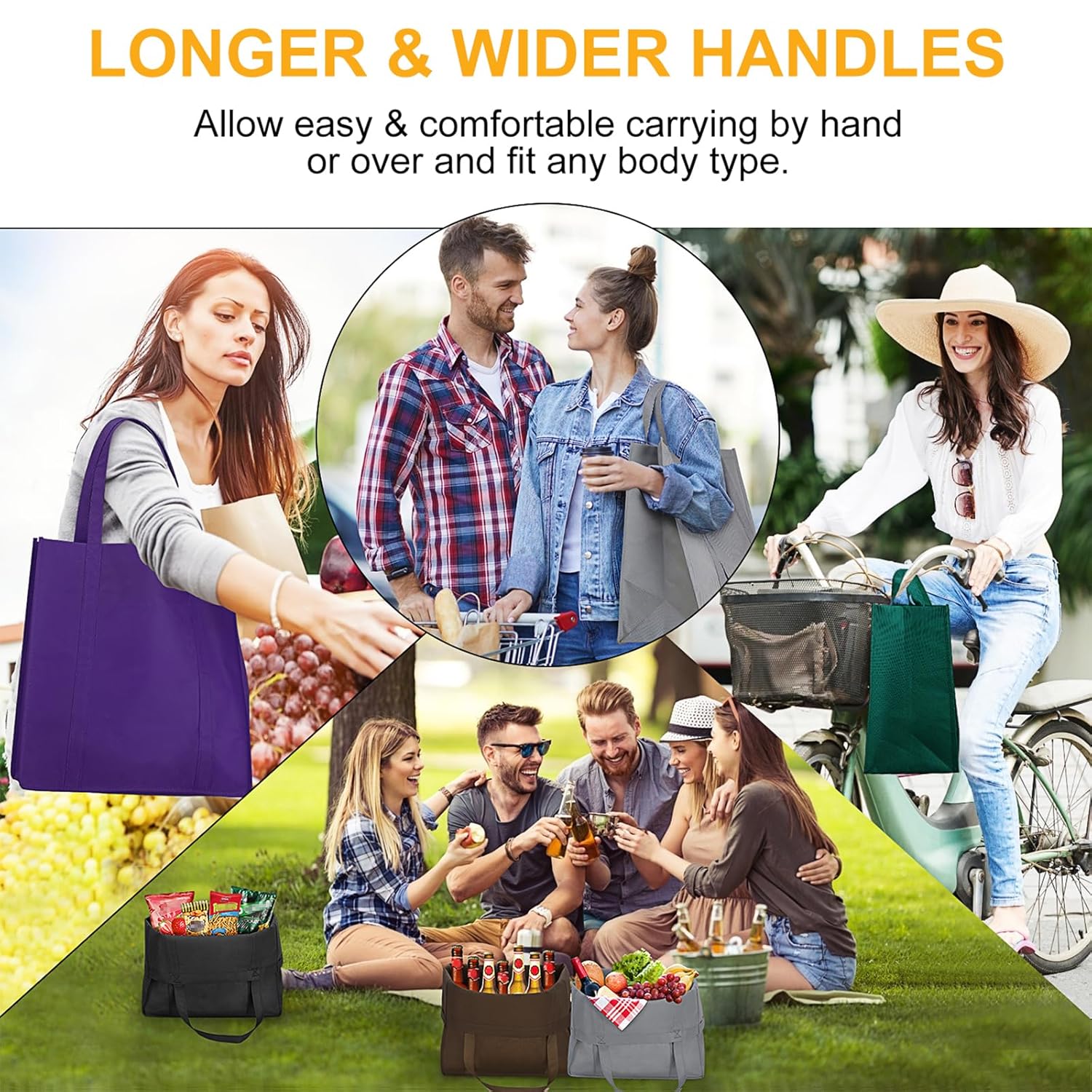 WISELIFE WISELIFE Reusable Grocery Bags 12 Pack Large Foldable Eco-Friendly Tote Bags with Long Handle for Shopping and Groceries in 6 Colors - View 5 of 7