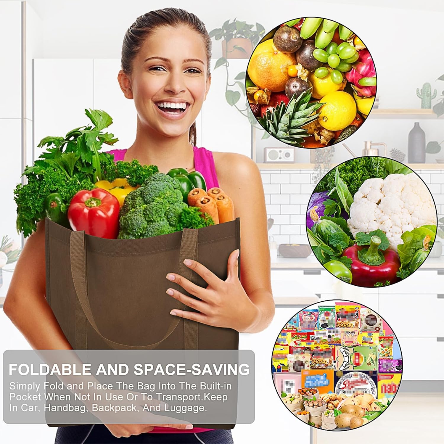 WISELIFE WISELIFE Reusable Grocery Bags 12 Pack Large Foldable Eco-Friendly Tote Bags with Long Handle for Shopping and Groceries in 6 Colors - View 6 of 7