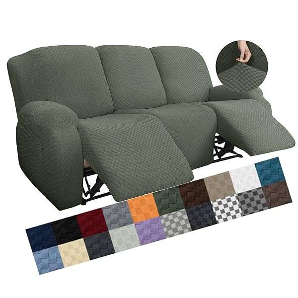 YEMYHOM 8-Piece Stretch Recliner Sofa Cover - Jacquard Anti-Slip Fitted Slipcovers in Army Green for 3 Cushions