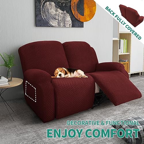 YEMYHOM YEMYHOM 6 Pieces Stretch Loveseat Recliner Slipcover Jacquard Fitted Sofa Cover with Side Pocket Elastic Bottom Wine Red - View 3 of 8