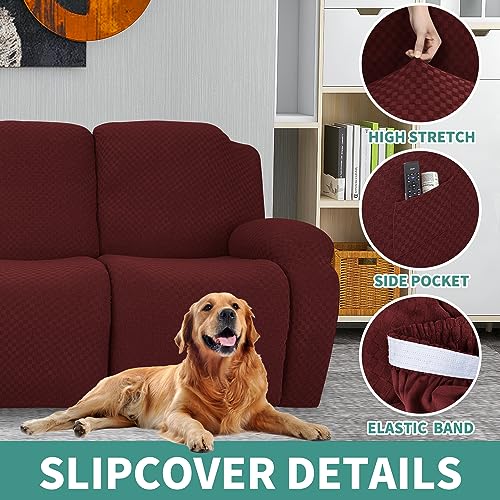YEMYHOM YEMYHOM 6 Pieces Stretch Loveseat Recliner Slipcover Jacquard Fitted Sofa Cover with Side Pocket Elastic Bottom Wine Red - View 5 of 8