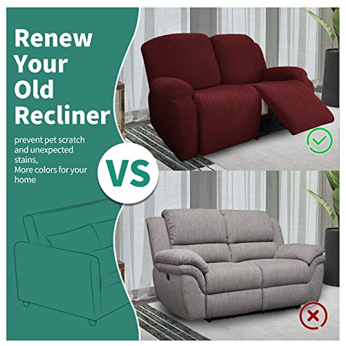 YEMYHOM YEMYHOM 6 Pieces Stretch Loveseat Recliner Slipcover Jacquard Fitted Sofa Cover with Side Pocket Elastic Bottom Wine Red - View 6 of 8
