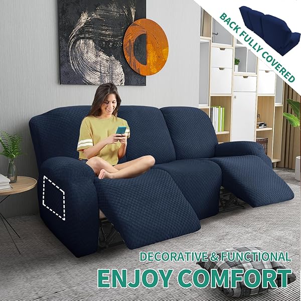 YEMYHOM YEMYHOM 8 Pieces Stretch Recliner Sofa Cover Jacquard Anti-Slip Fitted Couch Cover with Side Pocket Large Navy - View 3 of 8