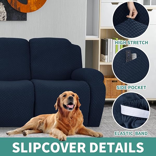 YEMYHOM YEMYHOM 8 Pieces Stretch Recliner Sofa Cover Jacquard Anti-Slip Fitted Couch Cover with Side Pocket Large Navy - View 5 of 8