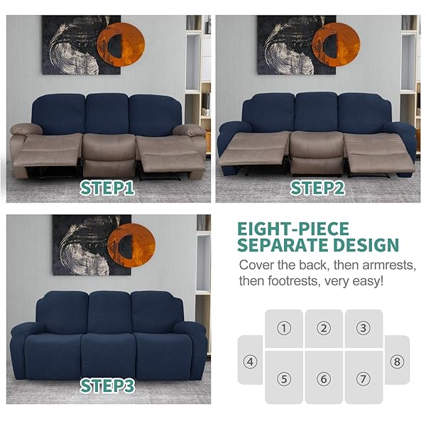 YEMYHOM YEMYHOM 8 Pieces Stretch Recliner Sofa Cover Jacquard Anti-Slip Fitted Couch Cover with Side Pocket Large Navy - View 8 of 8