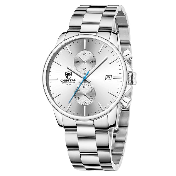 GOLDEN HOUR GOLDEN HOUR Men's Silver Plated Stainless Steel Waterproof Chronograph Quartz Watch with Auto Date and White Dial