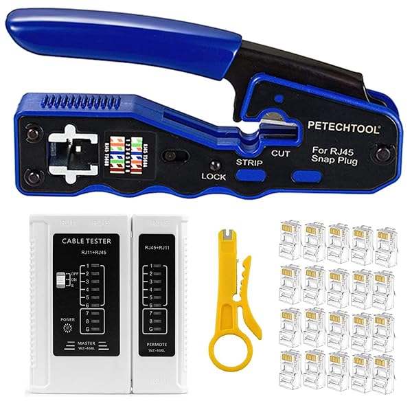 PETECHTOOL RJ45 Crimp Tool Kit All in One Ethernet Crimper Wire Cutter Stripper with Cable Tester 20 Cat6 Pass Through Connectors and Yellow Wire Stripper